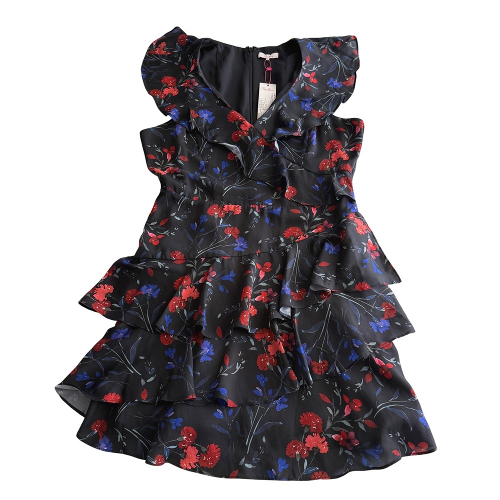 Parker NWT Revolve Dark Floral Ruffle Faux Wrap V Neck Tiered Knee Long Dress L